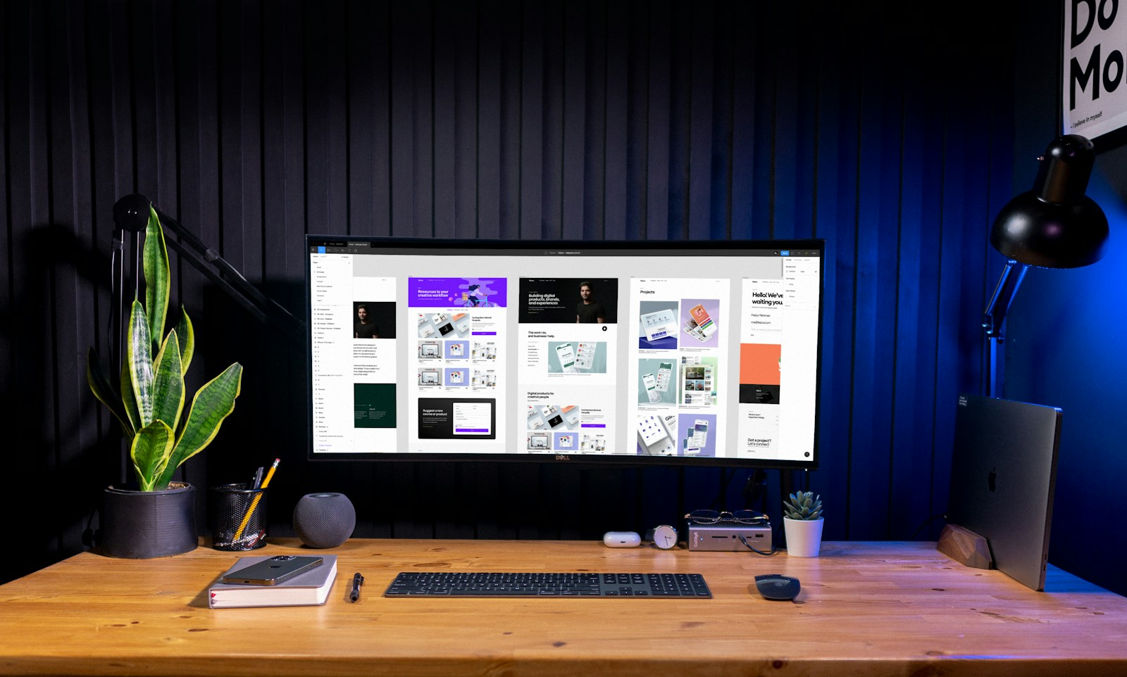 Creative design workspace with a design monitor and studio tools